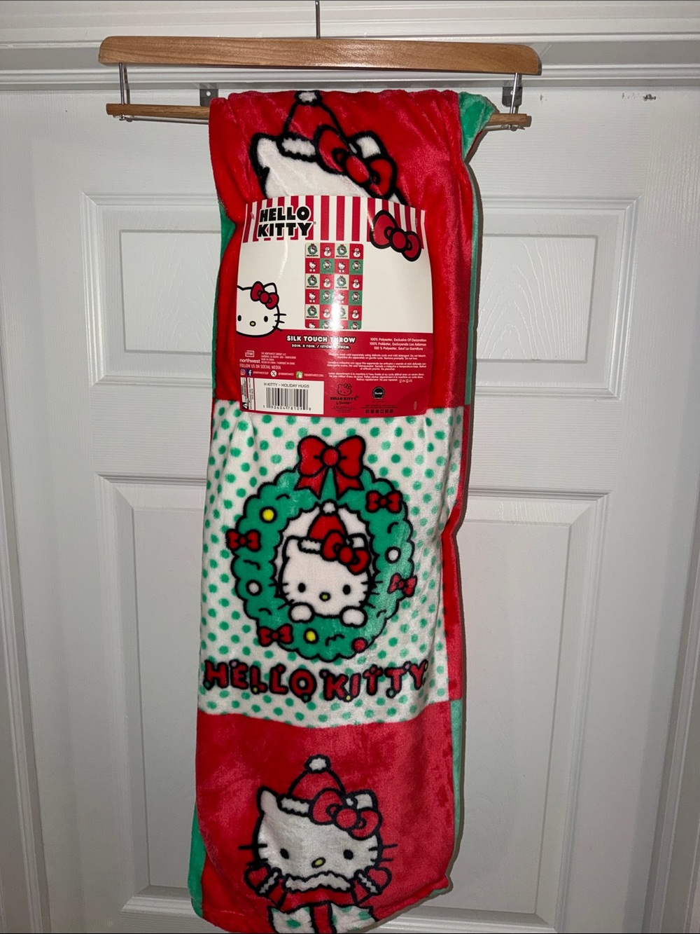 Hello Kitty Red, Green, White Holiday Wreath Plush Throw